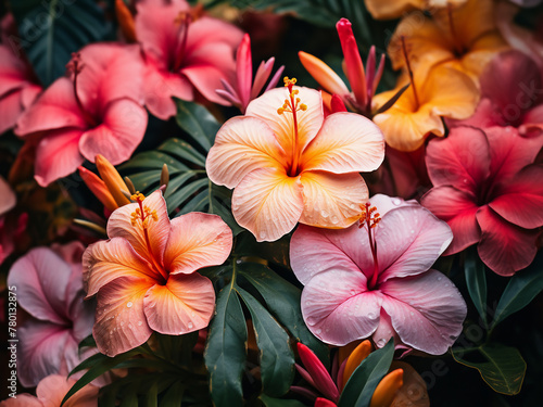 Exotic tropical flowers in close-up create a captivating background on Bali s island
