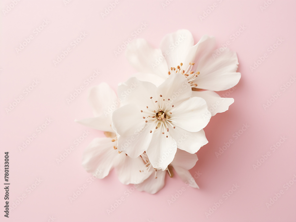 Fashionable flat lay with white flower on pastel pink offers space for text Fashionable flat lay with white flower on pastel pink offers space for text