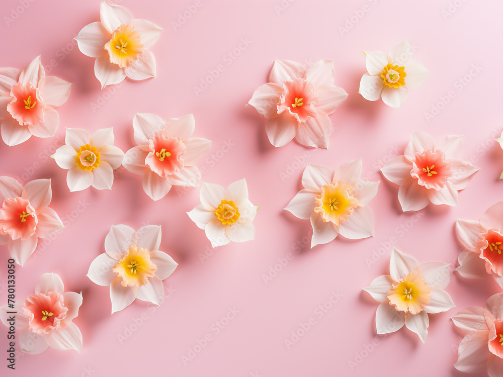Flat lay style showcases spring blossoms with daffodil flowers on pink background