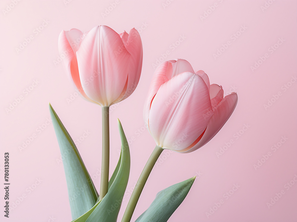Fototapeta premium Pink tulip flowers bloom in a nature-themed flat lay for Valentine's Day