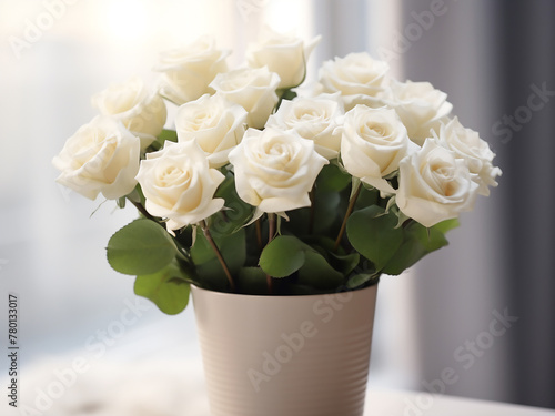 White roses flourish in a pot against a soft, illuminated background