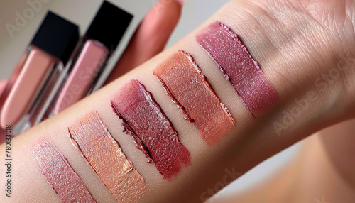 Vibrant swatches of pink, coral, and mauve makeup, accentuated by rose gold and mauve compacts, evoke warmth and luxury.generative ai