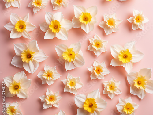 Daffodil blossoms on pastel pink background form an elegant floral pattern