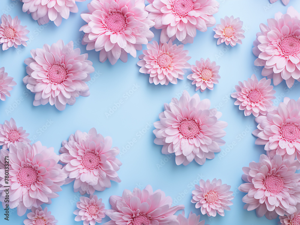 Top view showcases light pink chrysanthemum flowers on a blue background