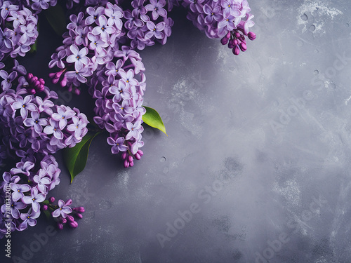 Lilac flowers flourish against a textured gray grunge background