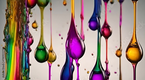 rainbow colored paint dripping into water and combining. Seamless loop, slow motion, high resolution, 4k (ID: 780133273)