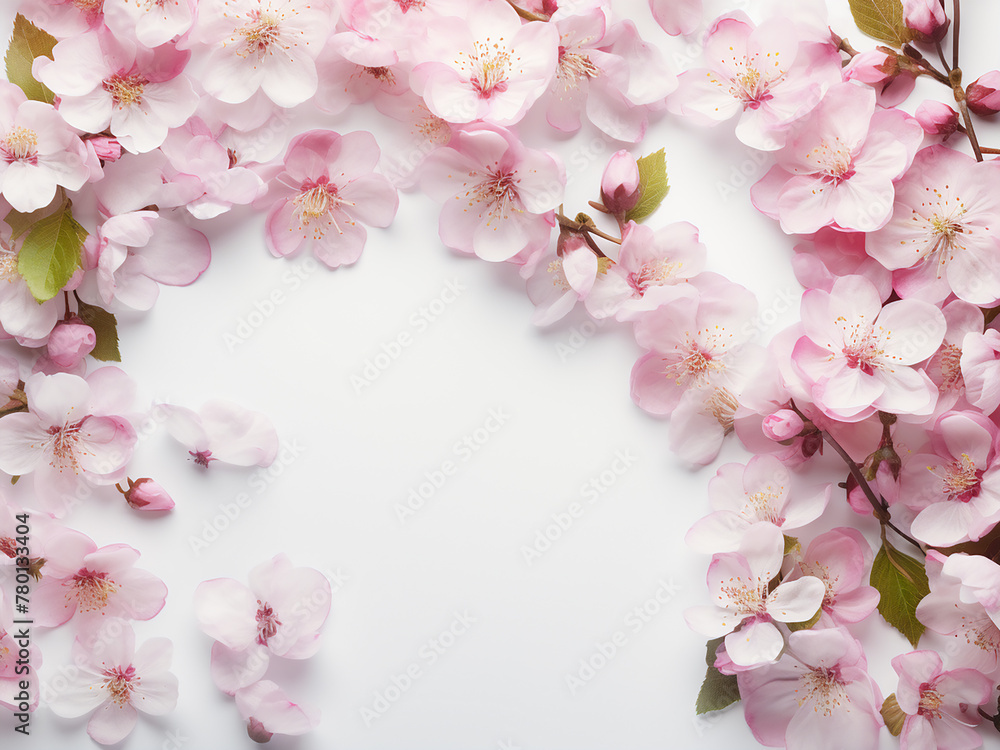 Blossom pink apple tree flowers create a border on a white table, leaving room
