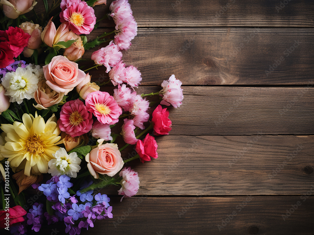 Beautiful flowers adorn a wooden surface, viewed from the top Beautiful flowers adorn a wooden surface, viewed from the top