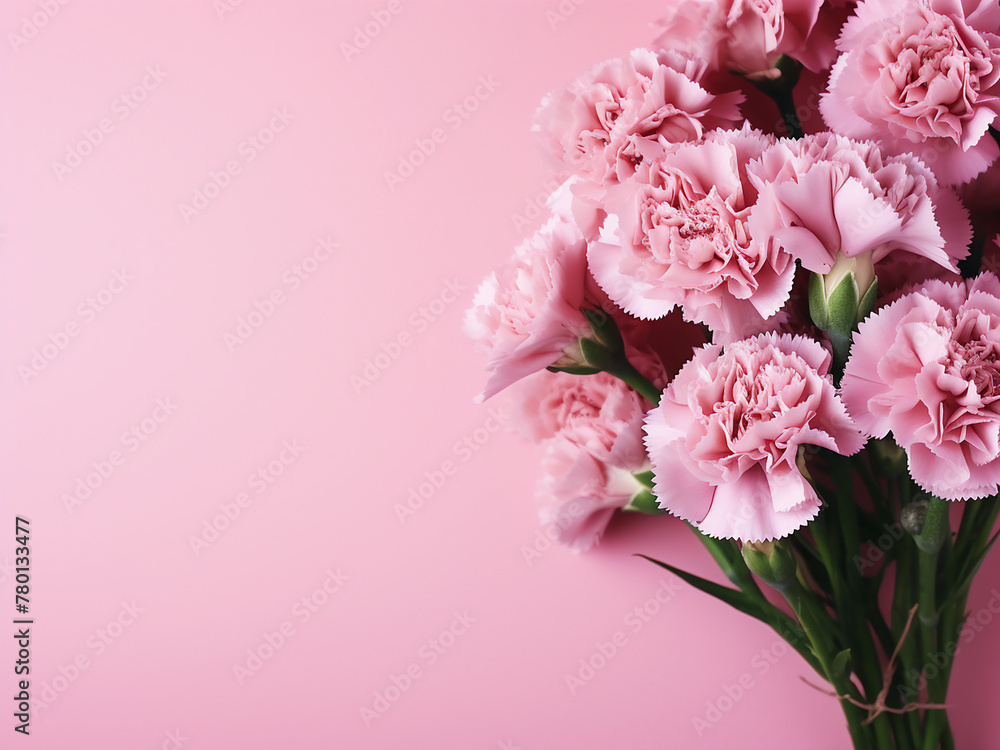 Carnations arranged delicately on a pastel pink backdrop, offering text space