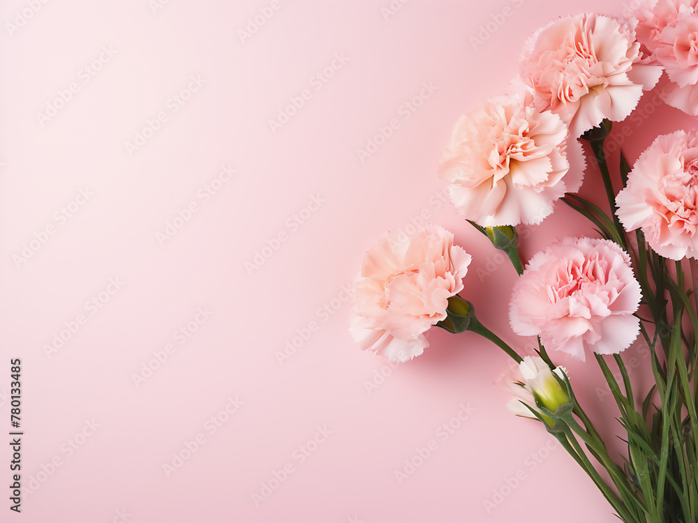 Carnation bouquet on pastel pink, top view, with space for text