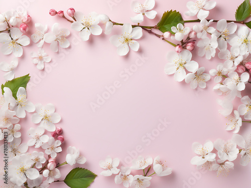 White fruit blossom branches form a border on pink floral, space for text © Llama-World-studio