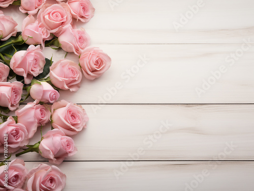 Roses in pink adorn the border on a light wooden background © Llama-World-studio