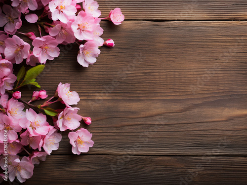 Pink sakura blossoms form a charming border on weathered wood