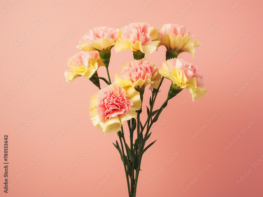 Holiday greeting concept with pink carnation bouquet on yellow background Holiday greeting concept with pink carnation bouquet on yellow background