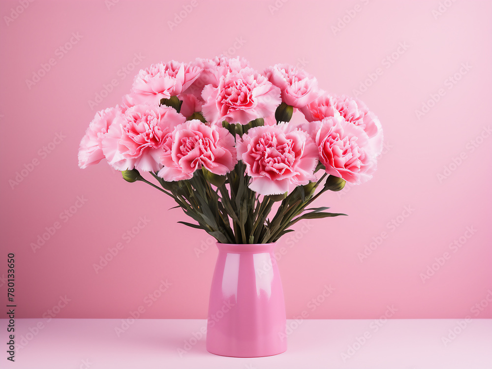 Fototapeta premium Pink carnations convey holiday wishes against a vibrant yellow backdrop