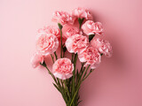 Pink carnations create a charming display against a pink background from above