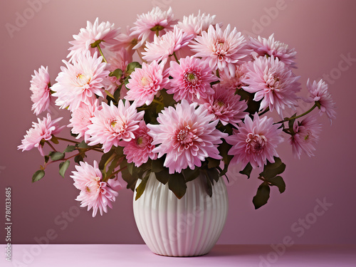 Vase holds pink chrysanthemums against a pink backdrop © Llama-World-studio