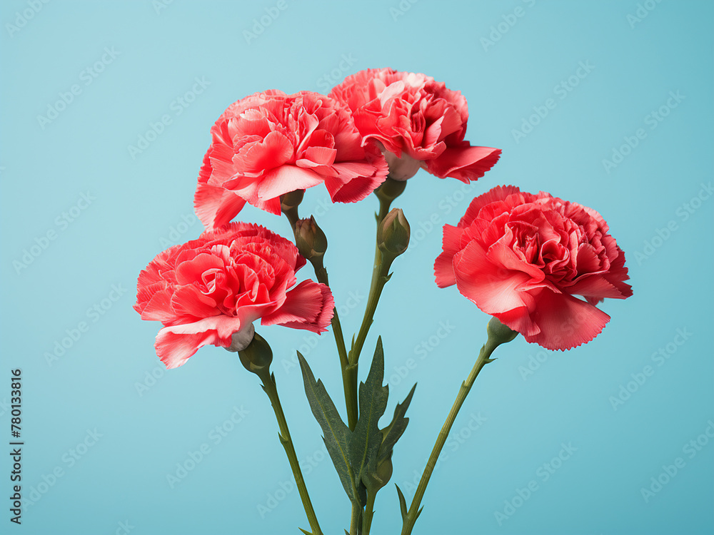 Obraz premium Three red carnations arranged on pastel blue background for design