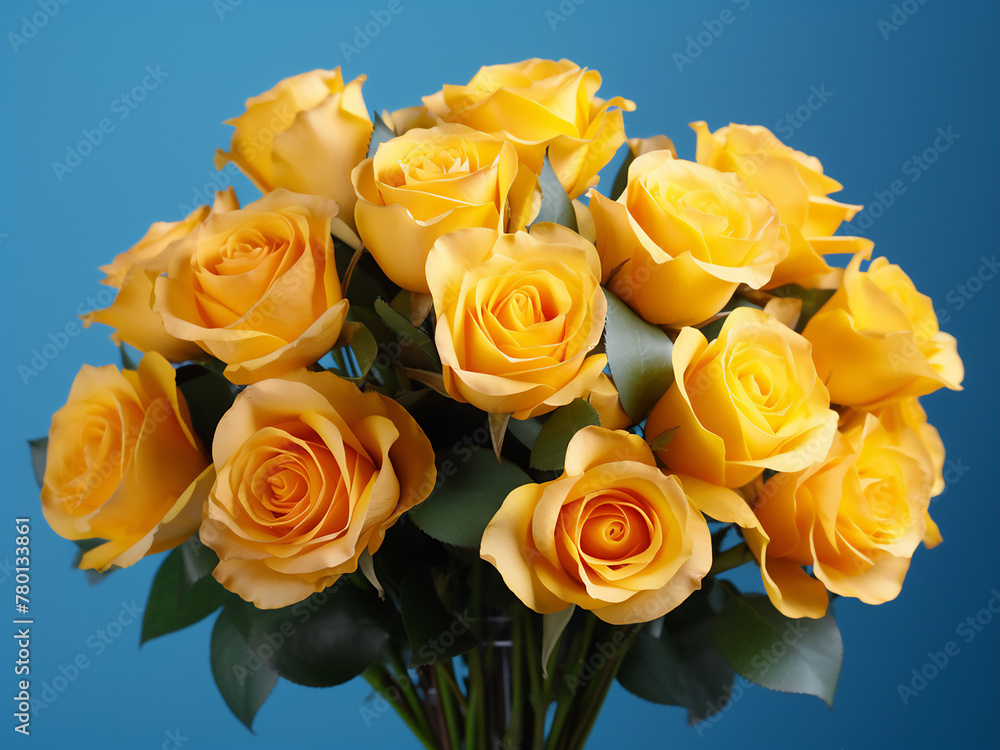 A bouquet of yellow roses stands out against a blue paper background with subtle toning A bouquet of yellow roses stands out against a blue paper background with subtle toning