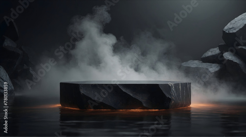 Abstract minimal concept. Dark background with natural granite stones podium on water and smoke surrounding. Mock up template for product presentation. 3D rendering. copy text space