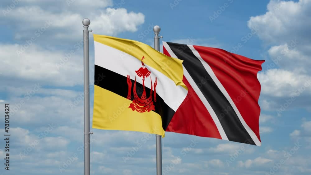 Trinidad and Tobago and Brunei two flags waving together, looped video, two country cooperation concept Trinidad and Tobago and Brunei two flags waving together, looped video, two country cooperation concept