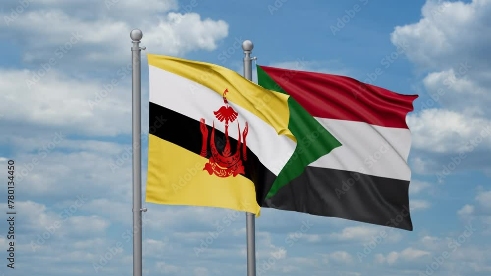 Sudan and Brunei two flags waving together, looped video, two country cooperation concept Sudan and Brunei two flags waving together, looped video, two country cooperation concept