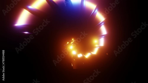 Abstract geometric spiral transformation with blue and yellow highlights neon vj loop 3d render. Motion graphic for night club, disco, nightlife, dj set, music festival