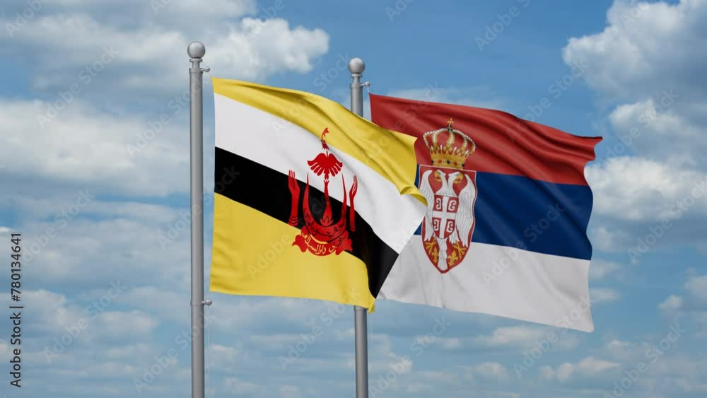 Republic of Serbia and Brunei two flags waving together, looped video, two country cooperation concept Republic of Serbia and Brunei two flags waving together, looped video, two country cooperation concept