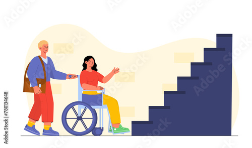 Disabled woman near ladder vector