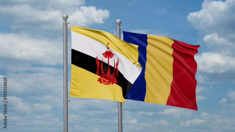Romania and Brunei two flags waving together, looped video, two country cooperation concept Romania and Brunei two flags waving together, looped video, two country cooperation concept