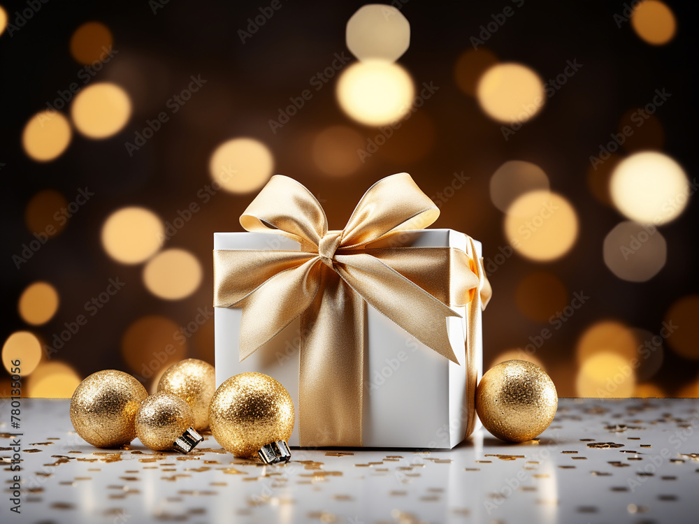 Golden bow-adorned white gift amidst gold balls, lights, on a dark Xmas backdrop