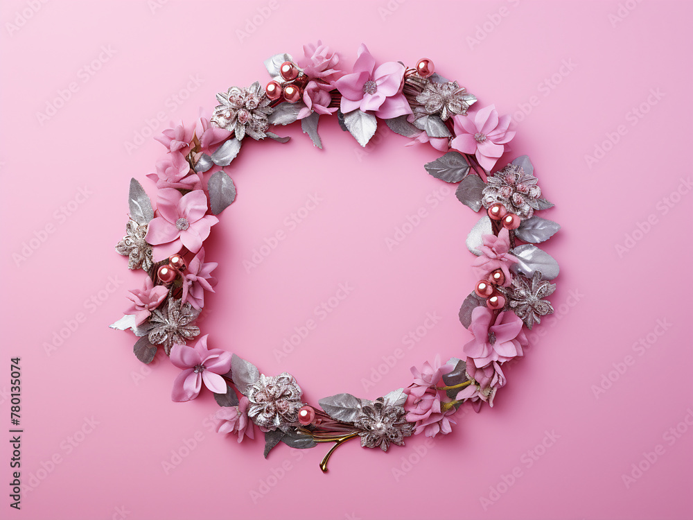 Vibrant Christmas wreath adorning pink background, allowing for customization