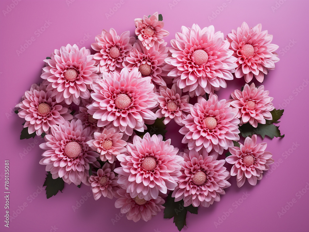 Pink background adorned with delicately arranged chrysanthemums