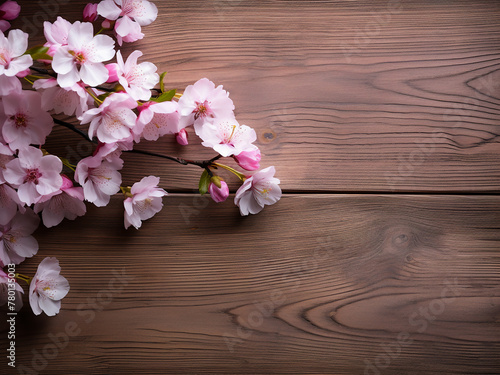 Cherry blossoms grace a rustic wooden backdrop