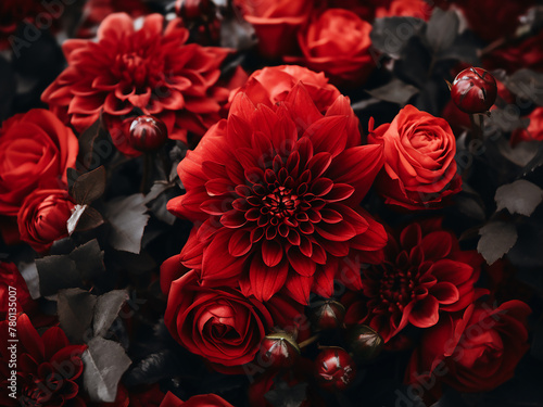Fresh red flowers in a chic bouquet against black background