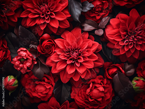 Red bouquet against black backdrop creates a chic floral event theme © Llama-World-studio