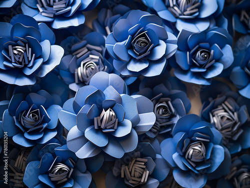 Blue origami or artificial cotton flowers in closeup view