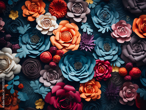 Colorful paper flowers create a vibrant background