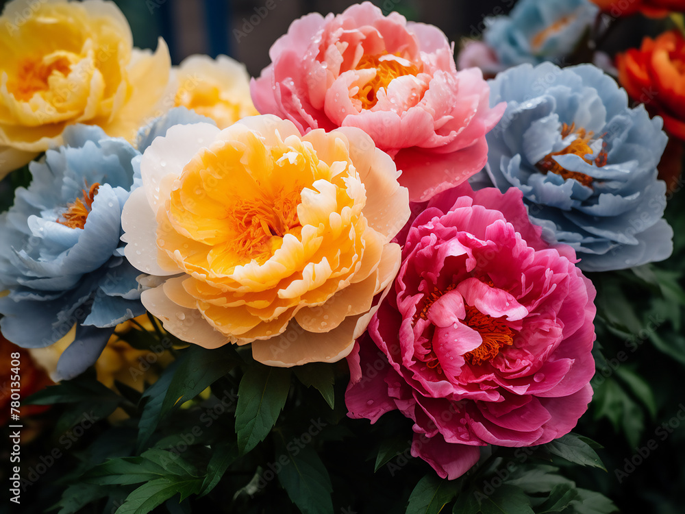 Bright peony blooms stand out against a natural background Bright peony blooms stand out against a natural background