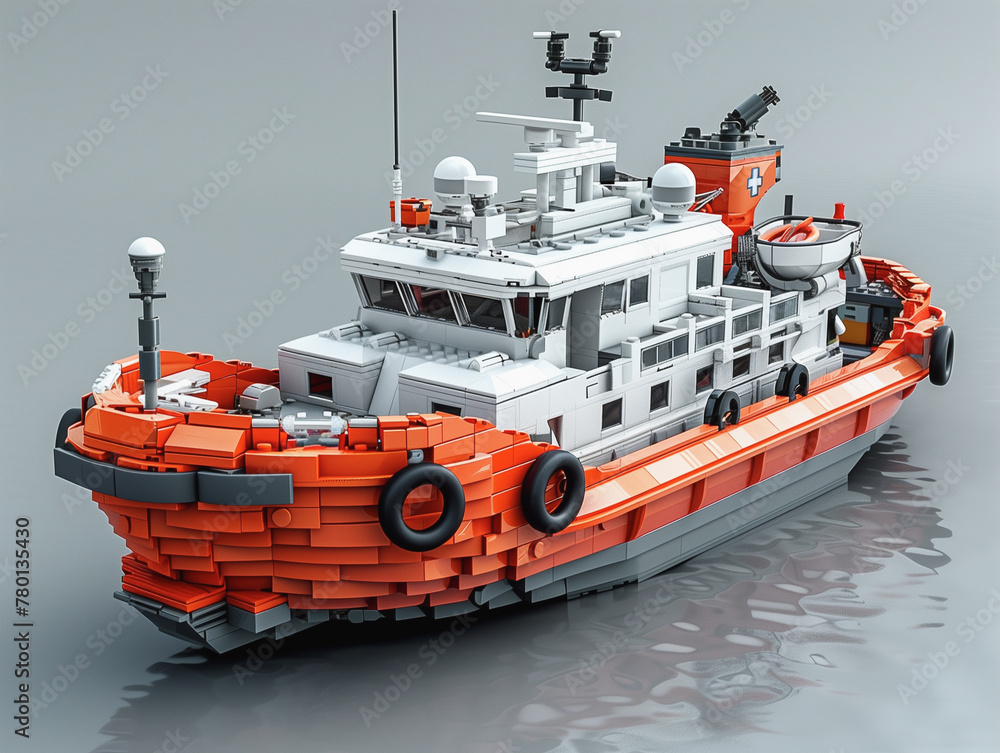 3D model of a white and red rescue boat in a Lego style - obrazy, fototapety, plakaty 