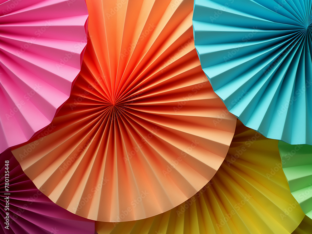 Pleated paper forms colorful circular patterns in the background