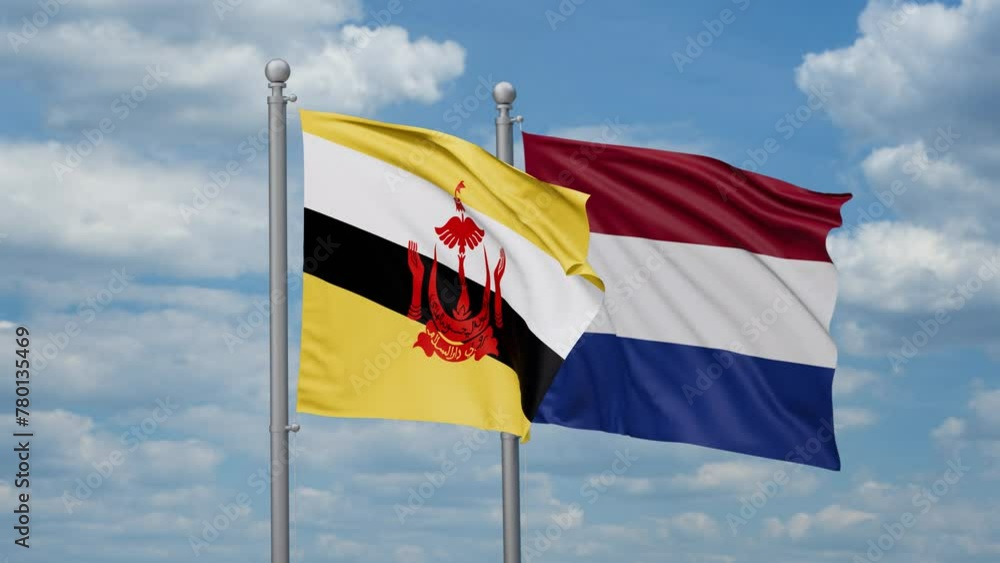 Netherlands and Brunei two flags waving together, looped video, two country relations concept Netherlands and Brunei two flags waving together, looped video, two country relations concept