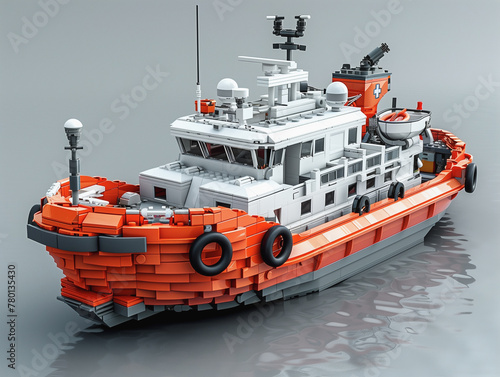 3D model of a white and red rescue boat in a Lego style