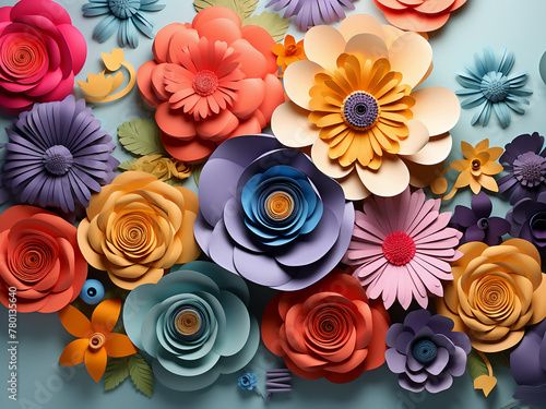 From above  colorful paper flowers create a captivating floral background