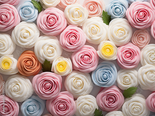 Colorful roses and marshmallows create a whimsical display on a pristine white canvas
