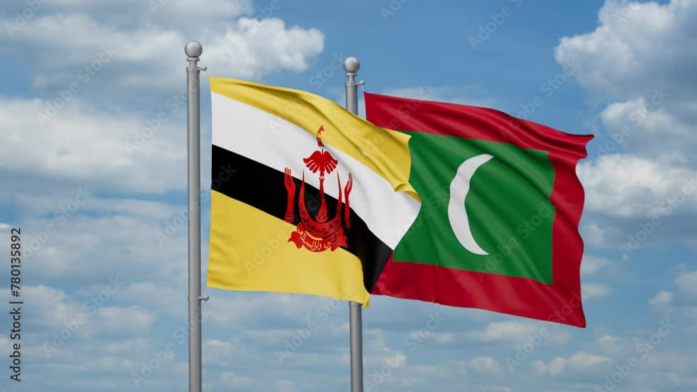 Maldives and Brunei two flags waving together, looped video, two country relations concept Maldives and Brunei two flags waving together, looped video, two country relations concept