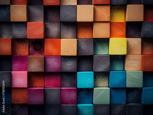 Detailed close-up reveals the richness of colorful wooden cubes
