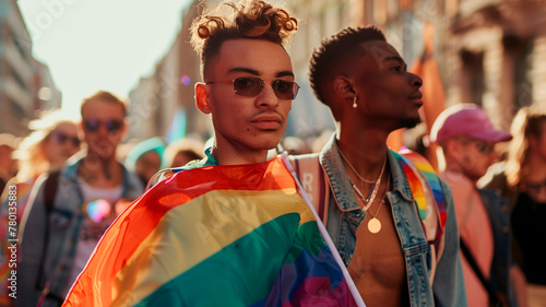 Portrait of two gays holding a rainbow flag in the street, standing together for diversity, gay pride, and freedom. Support LGBT people and their human rights.