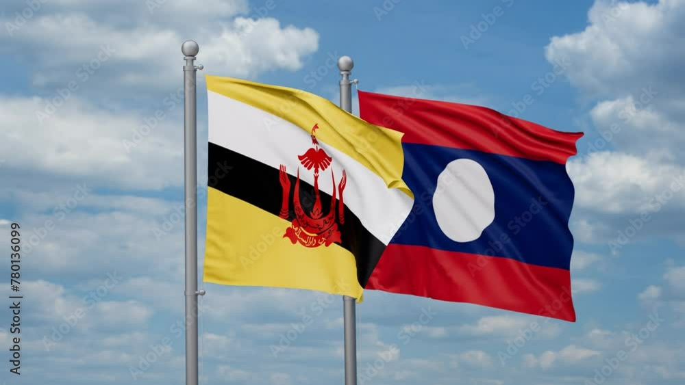 Laos and Brunei two flags waving together, looped video, two country relations concept Laos and Brunei two flags waving together, looped video, two country relations concept