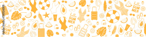 Summer banner with hand drawn swimsuits, sunglasses, fruits, tropical leaves and other summer icons. Banner design template for shopping sale, promo poster, web and social media.Vector illustration
